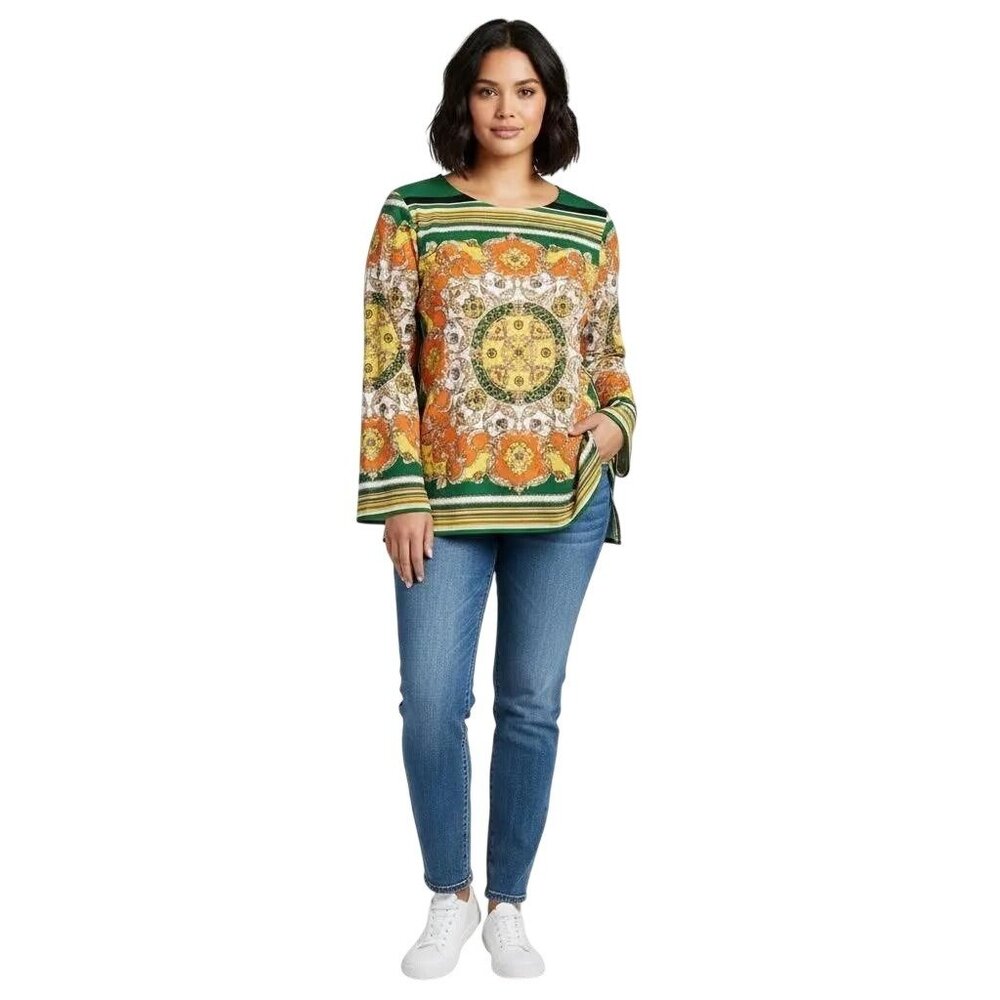 Maggie Sweet Women's Multicolor Medallion Print Long Sleeve Tunic Top Size Large